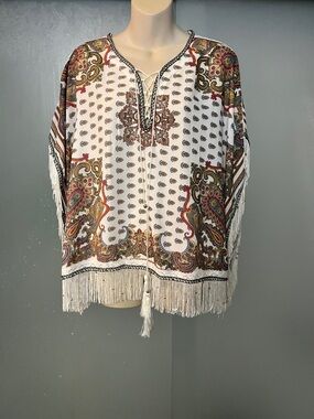 Boston Proper White Multi Paisley Fringe Boho Poncho